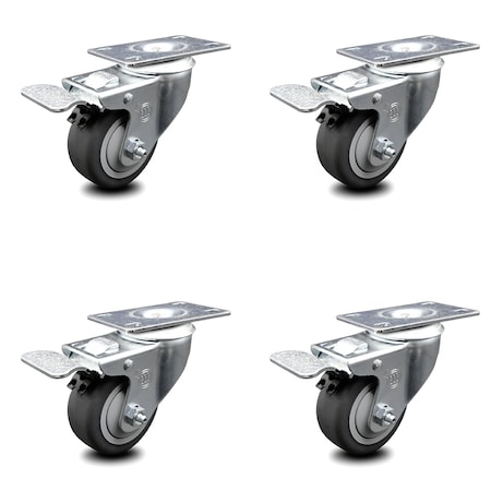 Service Caster 3 Inch Thermoplastic Rubber Swivel Top Plate Caster Set with Total Lock Brake SCC-TTL20S314-TPRB-4